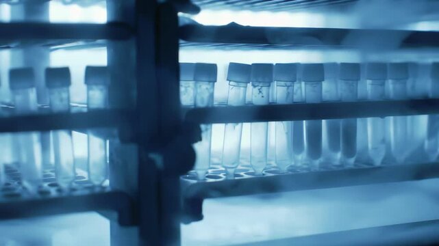 DNA samples frozen in liquid nitrogen shimmer under ultraviolet light, vapor clouds rolling across steel chambers