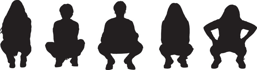 vector, silhouette of a group of women squatting, front view