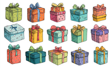 Collection of colorful hand-drawn gift boxes with bows; festive present illustration.