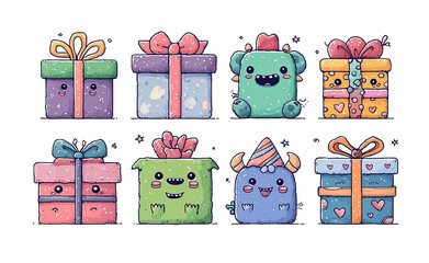 Collection of colorful hand-drawn gift boxes with bows; festive present illustration.