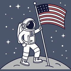 Vector art of astronaut planting the american flag on the moon with stars in the background, symbolizing space exploration and national pride © Epicart