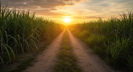 sunset on the beach, Vibrant sugarcane field at sunset, with rich green stalks lining dirt road leading towards setting sun. Warm sunlight filters through tall grass, creating dramatsu,set on the road
