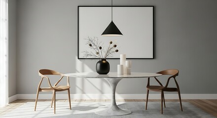 Modern dining room with minimalist art and two stylish chairs around a marble table