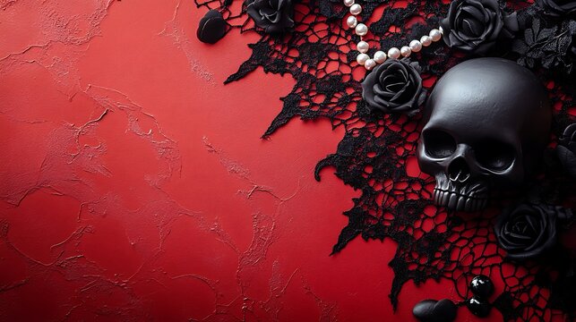 Stock photo of halloween skull roses lace and pearls on red background
