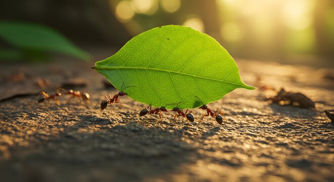 Teamwork: Ants Carrying a Large Green Leaf in Golden Hour Sunlight