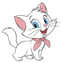 Vector art of cute white kitten with blue eyes and pink bow, isolated on white background