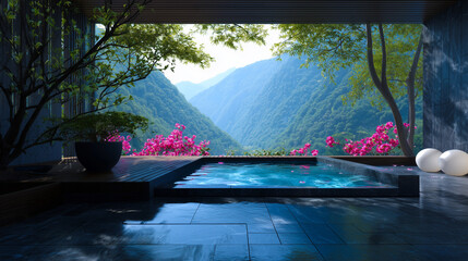 Luxury spa pool with mountain view and blooming flowers.