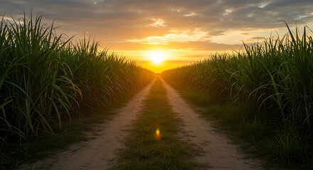 sunset on the beach, Vibrant sugarcane field at sunset, with rich green stalks lining dirt road leading towards setting sun. Warm sunlight filters through tall grass, creating dramatsu,set on the road