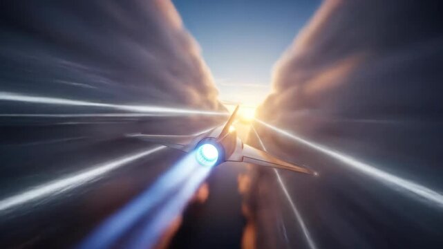 Futuristic jet airplane flying through clouds, fast airplane travel concept. Technology and transport concept.