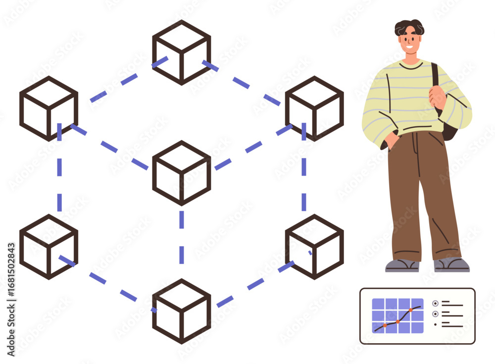 Poster man standing next to graphical blockchain network of six connected cubes and data chart. ideal for b
