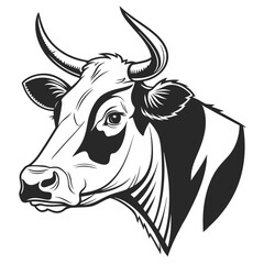 Illustration of a black and white cow head with horns, suitable for agricultural or dairy themes, isolated on white background