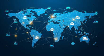 A conceptual, abstract illustration of a network of glowing, interconnected lines and nodes representing a seamless global supply chain. The lines crisscross continents and connect to stylized icons o