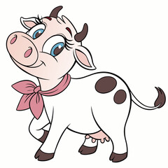 Vector art of cute cartoon cow with a pink bow around her neck, standing gracefully and looking to the side, isolated on white background
