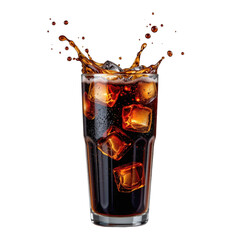 Refreshing cold dark soda beverage with ice cubes splashing in a tall glass isolated on white background