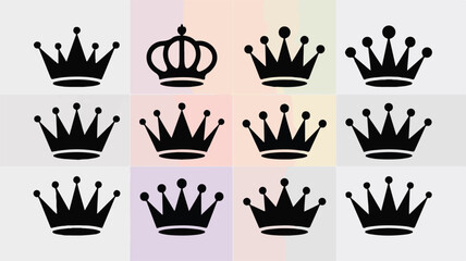 A set of 12 black crown silhouettes arranged in a 3x4 grid against a white background. Editable stroke.