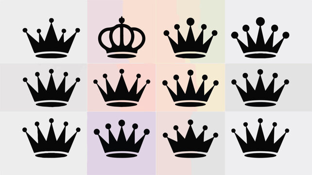 A set of 12 black crown silhouettes arranged in a 3x4 grid against a white background. Editable stroke.