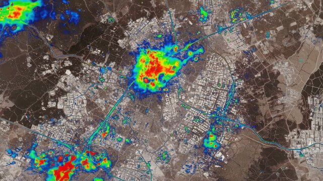 Aerial view of city heatmap showing traffic patterns, city planning and population density with red and blue indicators.