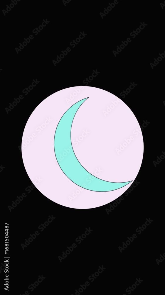 Poster vertical video showing minimalist crescent moon animation inside circle border. animated crescent mo