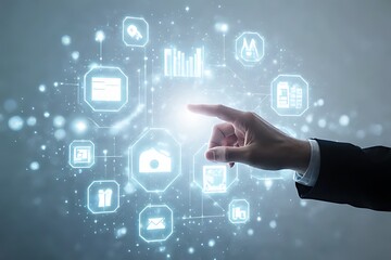 Hand interacting with a digital screen featuring floating icons, futuristic corporate style