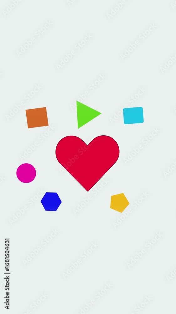 Poster vertical video showing heart animation encircled by bright geometric shapes on white. abstract anima