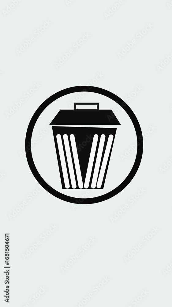 Aufkleber vertical video featuring trash can icon centered within black circular frame. trash can icon centere