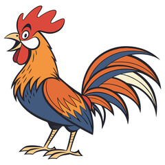 Vector art of cartoon rooster with colorful feathers and a red comb, standing proudly with its beak open, isolated on white background
