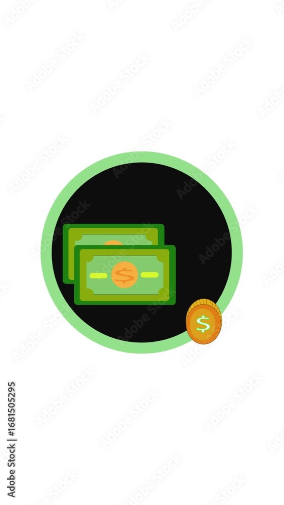 Poster financial concepts illustrated by animated us currency and coins in circular frame vertical video. a