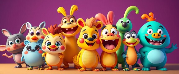 Fototapeta premium A whimsical lineup of cartoon critters with expressive faces and vibrant colors, playfully posed in an animated style, bright, animated