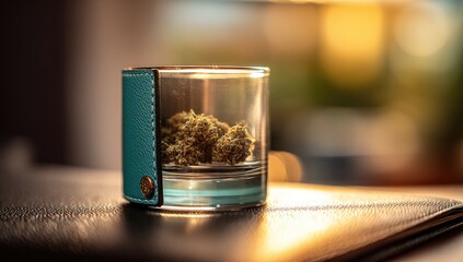 Small glass container with light teal leather accents holds dried cannabis