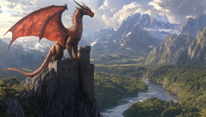 A majestic dragon perched atop an ancient castle, overlooking the vast landscape of Middle-earth with mountains