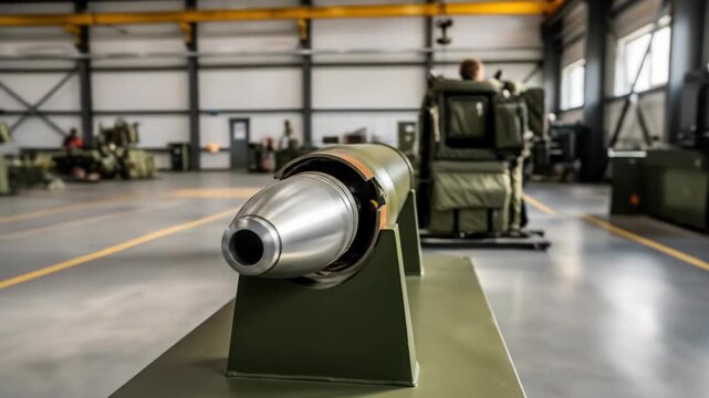 Military hardware showing cutaway of large cannon shell with technology in industrial setting.