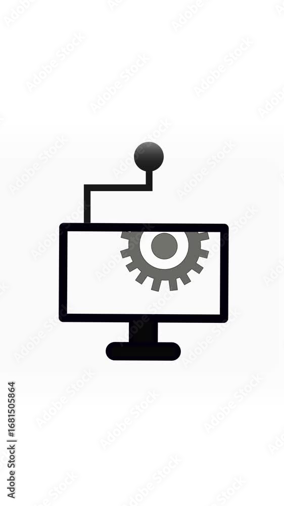 Poster computer monitor screen displaying a gear icon illustrating system settings configuration. vertical 