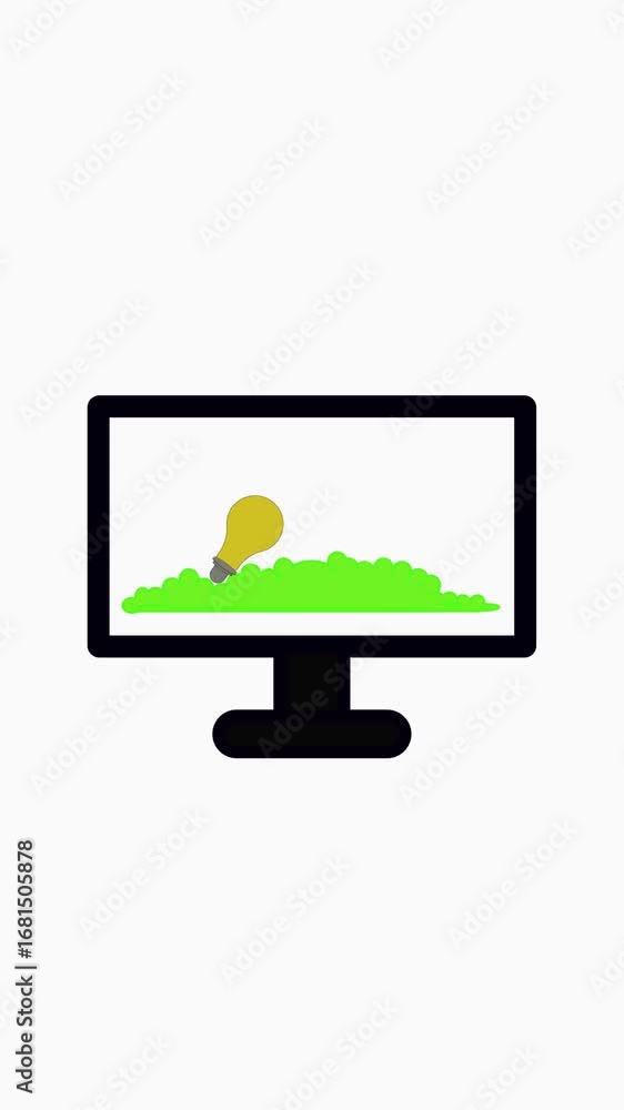 Poster vertical video showing bright green grass with lightbulb on computer monitor display. animated bulb 