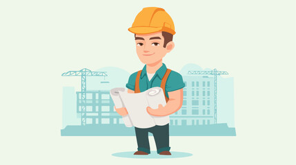Construction worker with blueprints under construction
