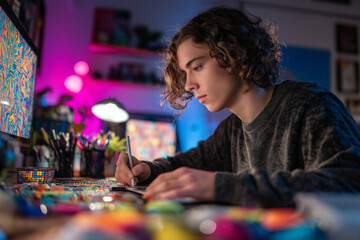 Portrait of a young adult with ADHD using fidget tools while working at a colorful creative desk, vibrant office environment, focused expression.