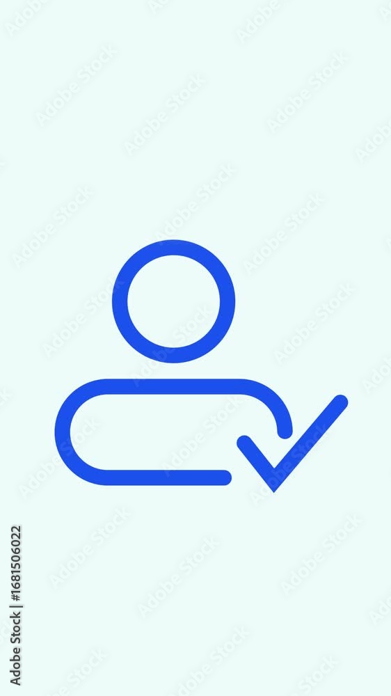 Poster vertical video displaying blue user profile icon with verified check mark animation. animated blue i