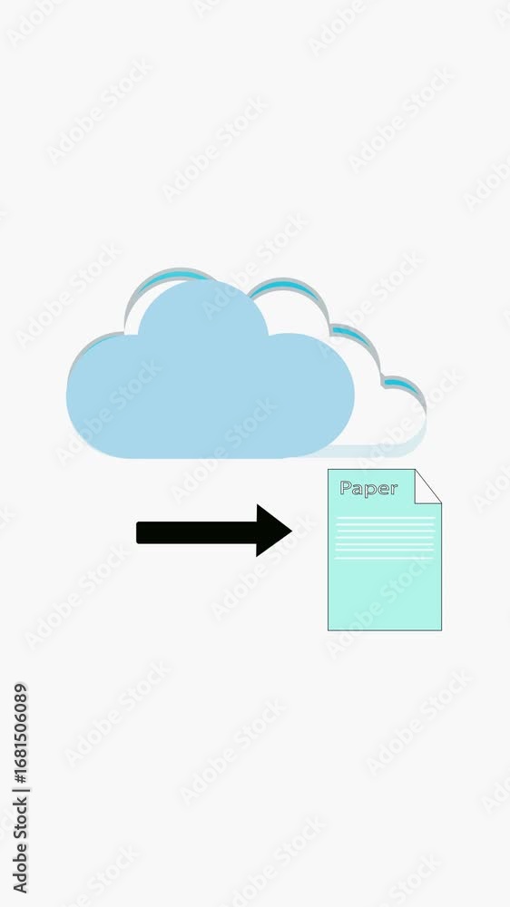 Poster data storage and transfer visualized by cloud and paper document animation vertical video. cloud dat