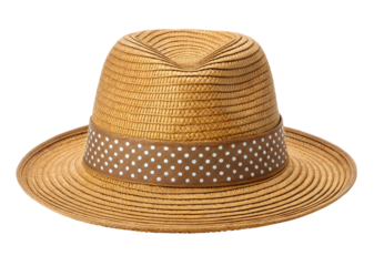 Close-up of a woven straw fedora hat with a patterned band on a black background
