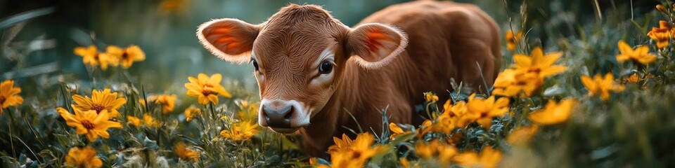 A cute baby calf in the middle of yellow flowers, with a green grass background