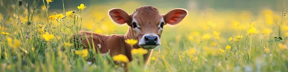A cute baby calf in the middle of yellow flowers, with a green grass background