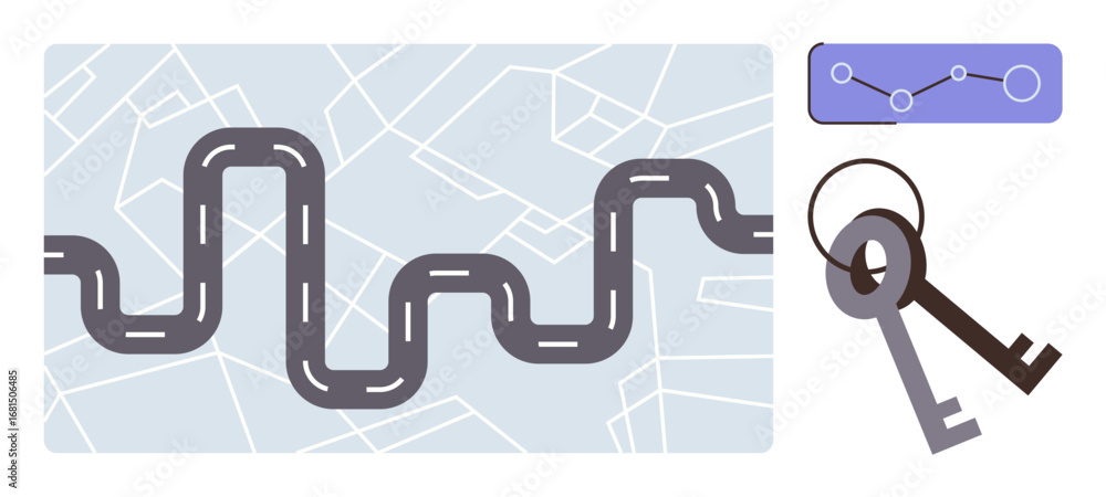 Poster winding road on abstract map alongside a data chart and two keys, representing navigation, analysis,