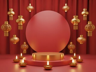 Golden podium with chinese lanterns and candles for the lunar new year