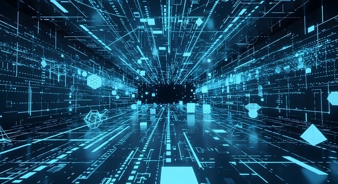 Abstract glowing blue digital data stream tunnel with geometric shapes and light trails