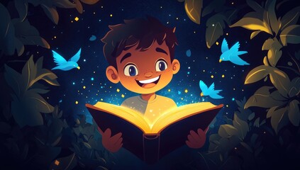 A cute cartoon boy is smiling while reading, holding an open book with glowing pages and blue birds flying around him.
