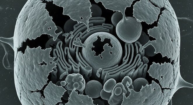 Stunning scanning electron microscope image of a fractured cell, unveiling the complex architecture of the Golgi apparatus