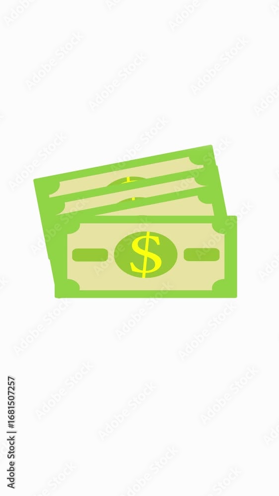 Poster green dollar bills stack animation simple design vertical video. simple animated illustration of gre