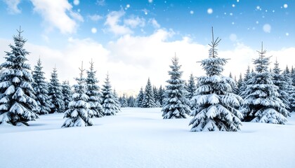Obraz premium Snowy winter forest scene under a partly cloudy sky