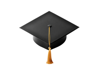Minimalist composition of a black graduation mortarboard cap with gold tassel academy award