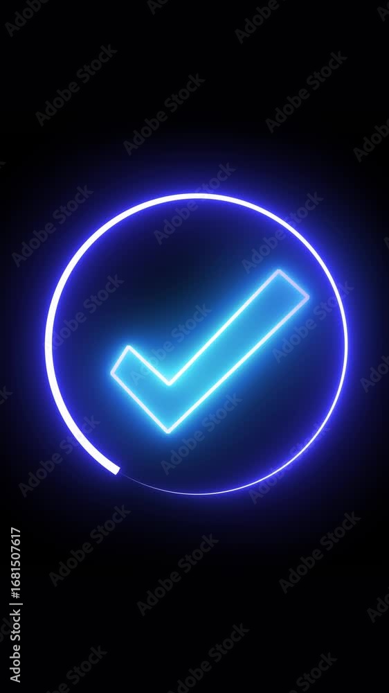Poster glowing neon check mark inside circle with black backdrop vertical video. animated neon glowing chec
