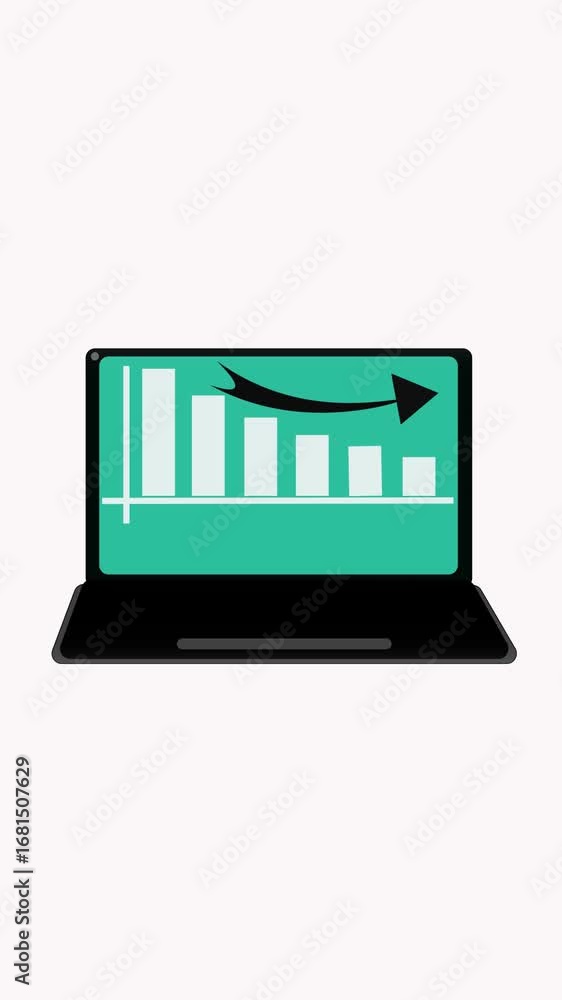 Poster decreasing bar graph and arrow indicating financial decline on laptop vertical video. laptop display